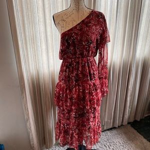 Semi-sheer, chiffon, midi floral dress.